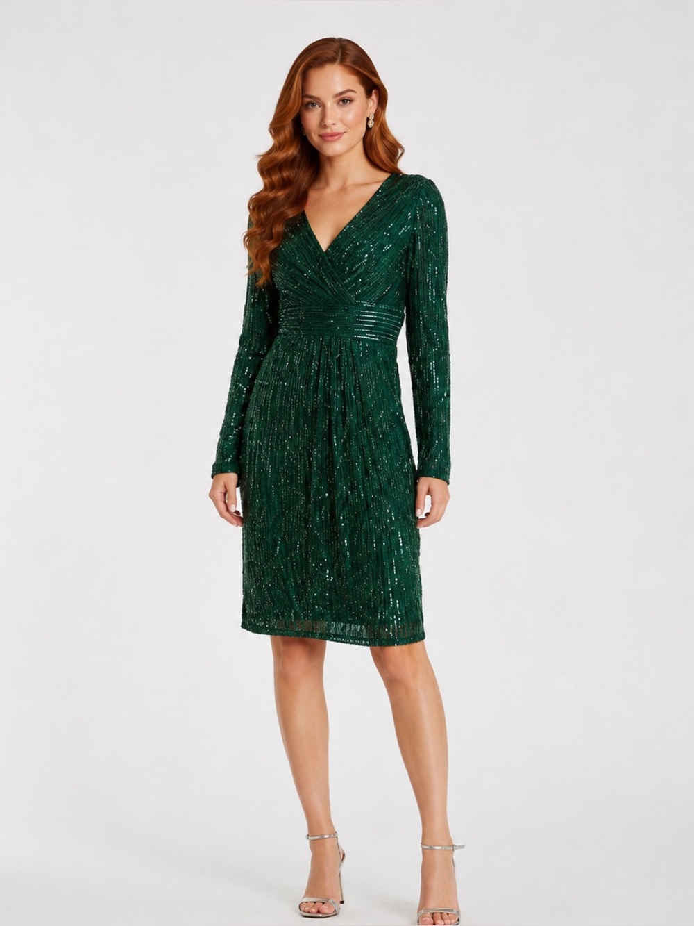 MAC DUGGAL Size 4 Green 4632 SEQUIN Beaded LONG SLEEVE COCKTAIL Dress NWT